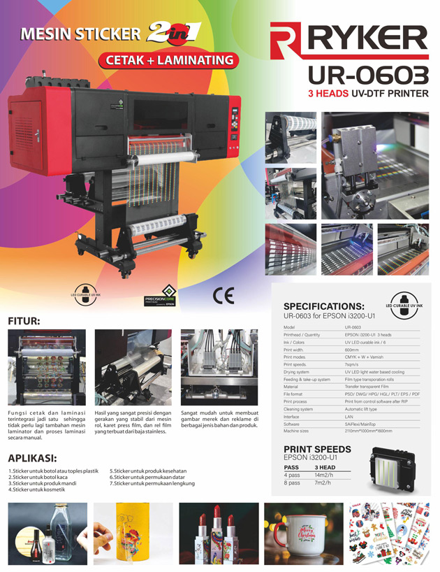 Ryker UV-DTF Printer UR-0603 mesin sticker 2 in 1 cetak dan laminating